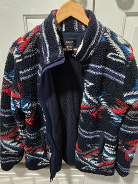 Womens XL Ariat Navy Sherpa Zip Jacket with Red, Blue & White Pattern